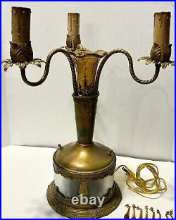 VTG Art Deco Brass Amber Glass Electric 3 Arm Candelabra Table Lamp Lighted Base