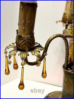 VTG Art Deco Brass Amber Glass Electric 3 Arm Candelabra Table Lamp Lighted Base