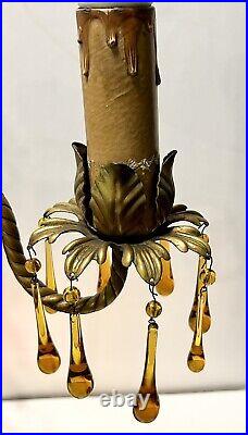 VTG Art Deco Brass Amber Glass Electric 3 Arm Candelabra Table Lamp Lighted Base