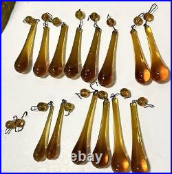 VTG Art Deco Brass Amber Glass Electric 3 Arm Candelabra Table Lamp Lighted Base