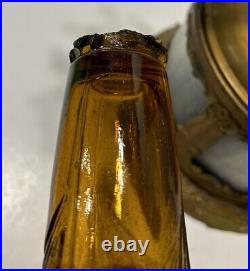 VTG Art Deco Brass Amber Glass Electric 3 Arm Candelabra Table Lamp Lighted Base