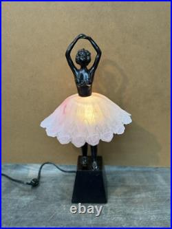VTG Art Deco Bronze Finish Ballerina Lamp with Glass Skirt Shade 17 Statue Light