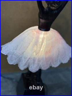 VTG Art Deco Bronze Finish Ballerina Lamp with Glass Skirt Shade 17 Statue Light