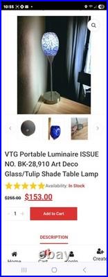 VTG Beautiful Blue Glass Art Deco Table Lamp WithDimmer Tested Works Great