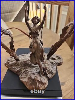 VTG Bronze Lady Double Tulip Art Deco Lamp signed E Schmidt Kestner c1920's