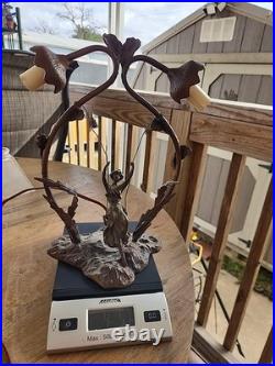 VTG Bronze Lady Double Tulip Art Deco Lamp signed E Schmidt Kestner c1920's