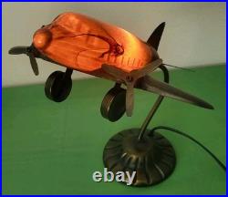 VTG MCM. Art Deco. Douglas DC Airplane. Handblown Glass/Metal. Table Lamp