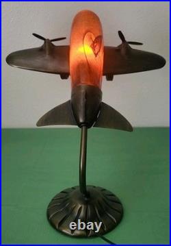 VTG MCM. Art Deco. Douglas DC Airplane. Handblown Glass/Metal. Table Lamp