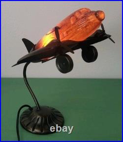 VTG MCM. Art Deco. Douglas DC Airplane. Handblown Glass/Metal. Table Lamp