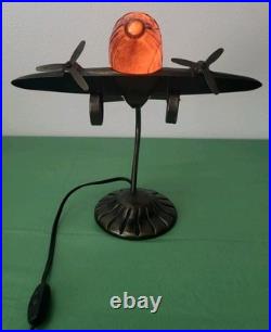 VTG MCM. Art Deco. Douglas DC Airplane. Handblown Glass/Metal. Table Lamp