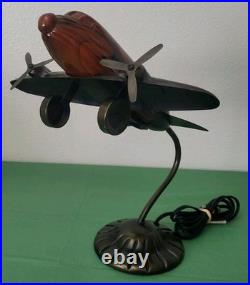 VTG MCM. Art Deco. Douglas DC Airplane. Handblown Glass/Metal. Table Lamp