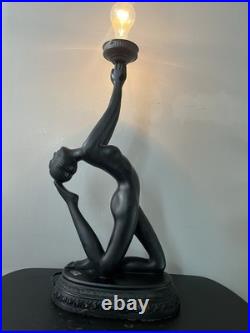 VTG RARE Art Deco Revival Nude Figural Table Lamp Matte Black 29 WORKS