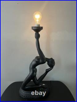 VTG RARE Art Deco Revival Nude Figural Table Lamp Matte Black 29 WORKS