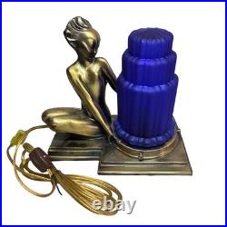 VTG Sarsaparilla Art Deco Nymph Lamp w Cobalt Glass Waterfall Shade Works