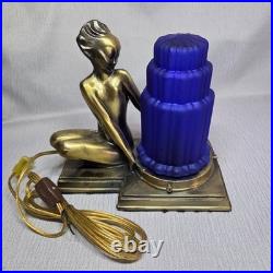 VTG Sarsaparilla Art Deco Nymph Lamp w Cobalt Glass Waterfall Shade Works