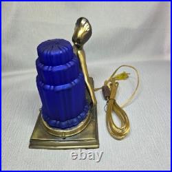 VTG Sarsaparilla Art Deco Nymph Lamp w Cobalt Glass Waterfall Shade Works