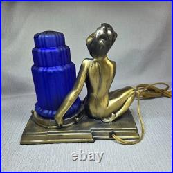 VTG Sarsaparilla Art Deco Nymph Lamp w Cobalt Glass Waterfall Shade Works