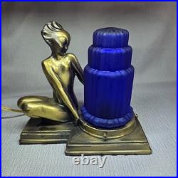 VTG Sarsaparilla Art Deco Nymph Lamp w Cobalt Glass Waterfall Shade Works