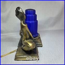 VTG Sarsaparilla Art Deco Nymph Lamp w Cobalt Glass Waterfall Shade Works