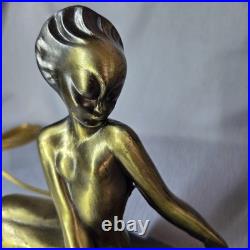 VTG Sarsaparilla Art Deco Nymph Lamp w Cobalt Glass Waterfall Shade Works