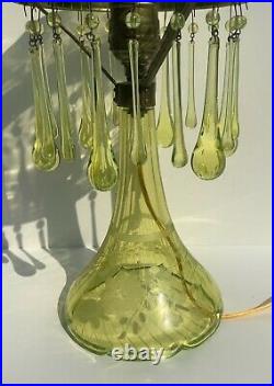 Vaseline Cut Etched Art Glass Depression Lamp with all Original Tear Drop Prisms