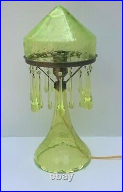 Vaseline Cut Etched Art Glass Depression Lamp with all Original Tear Drop Prisms