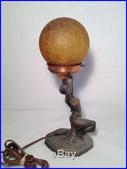Very Nice Art Deco Cast Metal Figural Lady Lamp with Amber Globe