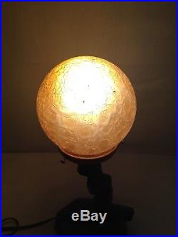 Very Nice Art Deco Cast Metal Figural Lady Lamp with Amber Globe