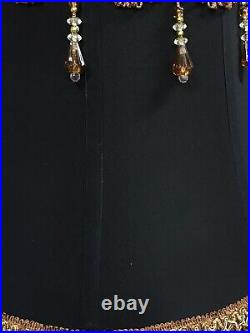 Victorian Art Deco Boho Lamp Shade Black Fabric Brown Gold Bead Fringe 17x12x10