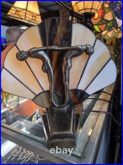 Vint L & L WMC Art Deco Brass Glass Figural LAMP NUDE Man Woman Tiffany Styl