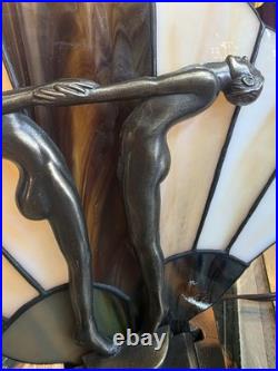 Vint L & L WMC Art Deco Brass Glass Figural LAMP NUDE Man Woman Tiffany Styl