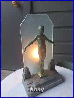 VintageFrankart Art Deco Lady Lamp. City backgrond. Beautiful lady, glass shades