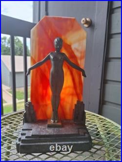 VintageFrankart Art Deco Lady Lamp. City backgrond. Beautiful lady, glass shades