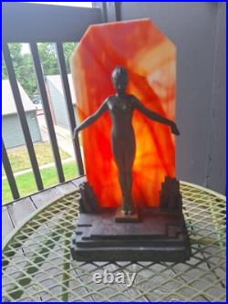 VintageFrankart Art Deco Lady Lamp. City backgrond. Beautiful lady, glass shades