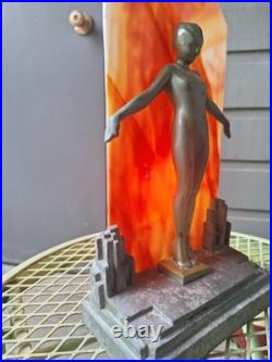 VintageFrankart Art Deco Lady Lamp. City backgrond. Beautiful lady, glass shades