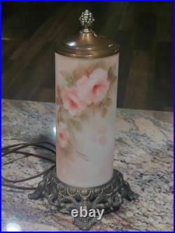 Vintage 14 Boudoir Lamp Artist Signed Handpainted Glass Cylinder Pillar Excell
