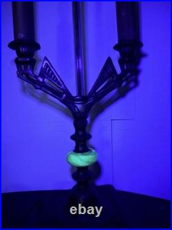 Vintage 1930s Art Deco Uranium Vaseline Glass Accent Double Arm Table Lamp Glows