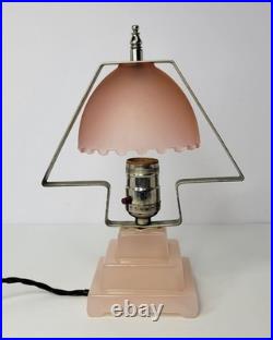 Vintage 1930s Houzex Pink Satin Frosted Glass Art Deco Style Boudoir Desk Lamp