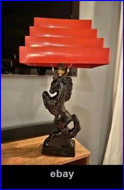 Vintage 1940's Art deco Ceramic horse lamp With red metal shade