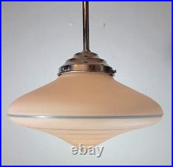 Vintage 1940s Art Deco UFO Ceiling Light Pink Glass Lamp Fixture Fitting