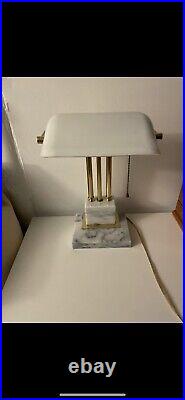 Vintage 1950s Art Deco Marble Base Brass Bankers Desk Lamp White Glass Shade