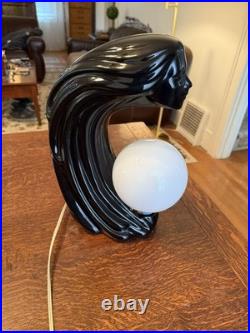 Vintage 1980's Art Deco Revival Lamp Black Ceramic Woman's Face Hair Sculpture