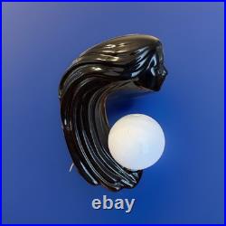 Vintage 1980's Art Deco Revival Lamp Black Ceramic Woman's Face Hair Sculpture