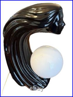 Vintage 1980's Art Deco Revival Lamp Black Ceramic Woman's Face Hair Sculpture