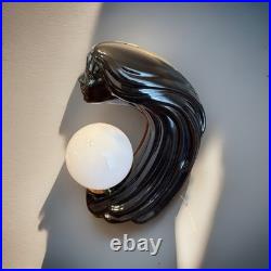 Vintage 1980's Art Deco Revival Lamp Black Ceramic Woman's Face Hair Sculpture