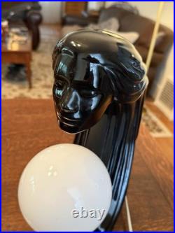 Vintage 1980's Art Deco Revival Lamp Black Ceramic Woman's Face Hair Sculpture