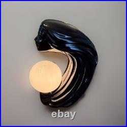 Vintage 1980's Art Deco Revival Lamp Black Ceramic Woman's Face Hair Sculpture