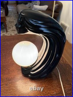 Vintage 1980's Art Deco Revival Lamp Black Ceramic Woman's Face Hair Sculpture