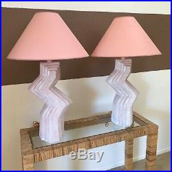 Vintage 1980s Art Deco Post Modern Zig Zag Pink Plaster Lamps Pair by Ziggurat