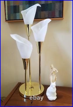 Vintage 1980s White Gold Calla Lily 3 Light Table Lamp